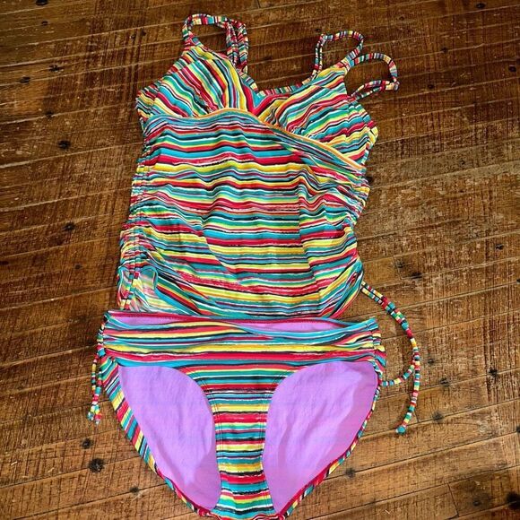 Athleta sporty multicolored ruched size M striped tankini - Picture 1 of 5
